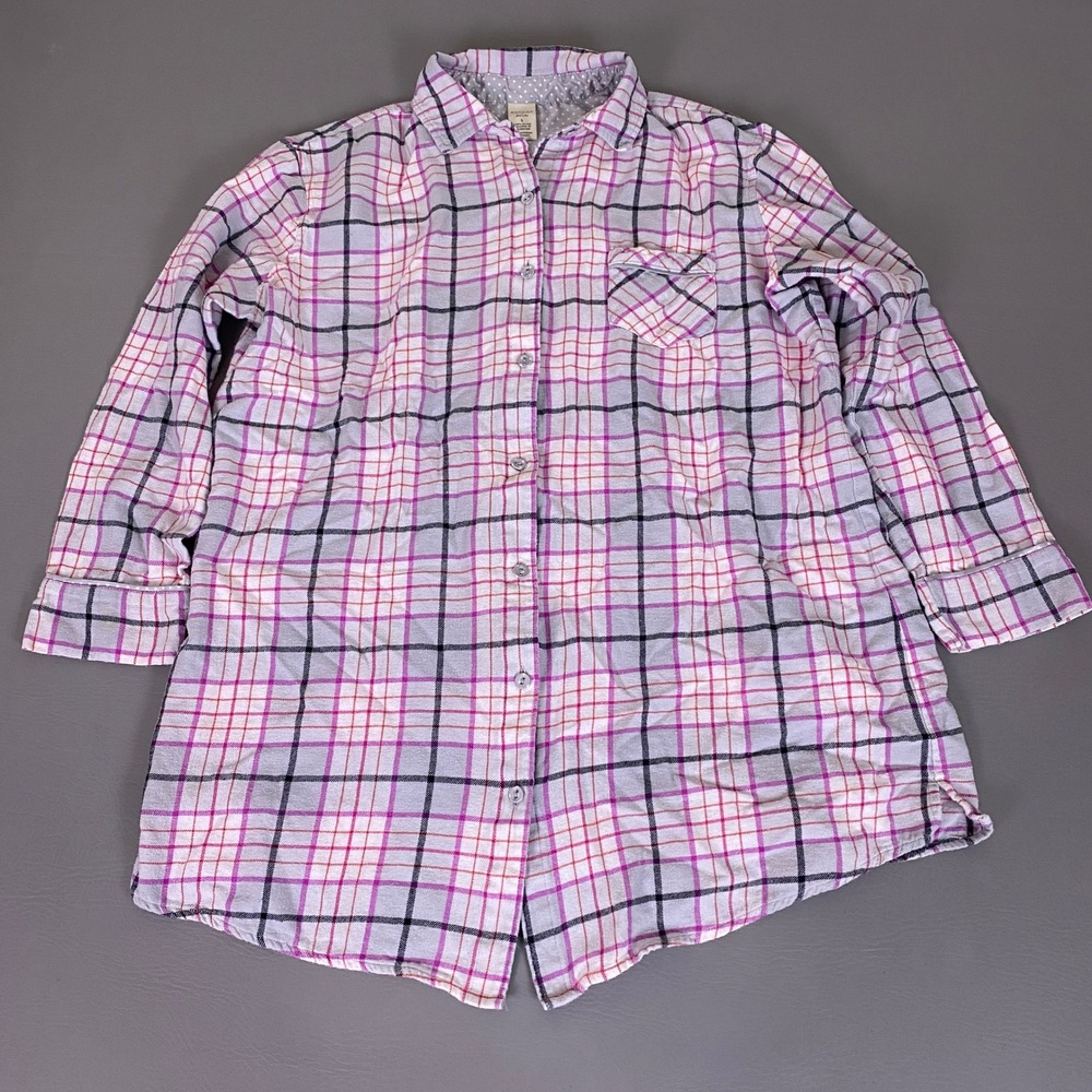 Sonoma Life Style Intimates Sleep Shirt Women's Large White Pink‎ Plaid Button